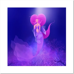 Beautiful pink mermaid with cute purple fish, version 1 Posters and Art